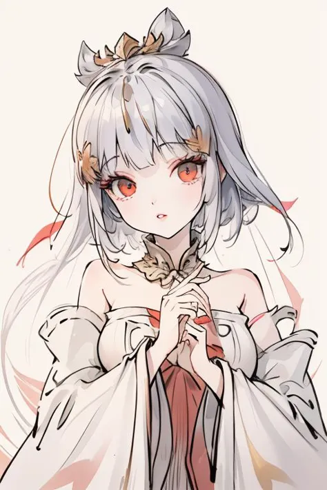 <lora:Taiyinyutu:1>taiyinyutu, 1girl, solo, red eyes, long hair, white background, simple background, bangs, white hair, gold neckwear, detached sleeves, clothes patterns, clothes gold decoration, red ribbon, hair ornament, red lips, blunt bangs, upper body, makeup, bare shoulders, lips, parted lips
<lora:Freehand_Brushwork:0.4>,<lora:animeLineartMangaLike_v20Offset:0.2>,lineart,
(portrait:1.5),dynamic_angle,front view,kittew,cuteg,flat chest,small_breasts,(looking_at_viewer:1.3),, best quality , masterpiece, illustration, an extremely delicate and beautiful, extremely detailed ,CG,unity,8k wallpaper, Amazing, finely detail, masterpiece, best quality,official art,extremely detailed CG unity 8k wallpaper,absurdres, incredibly absurdres, huge filesize , ultra-detailed, highres, extremely detailed,beautiful detailed girl, extremely detailed eyes and face, beautiful detailed eyes,light on face,