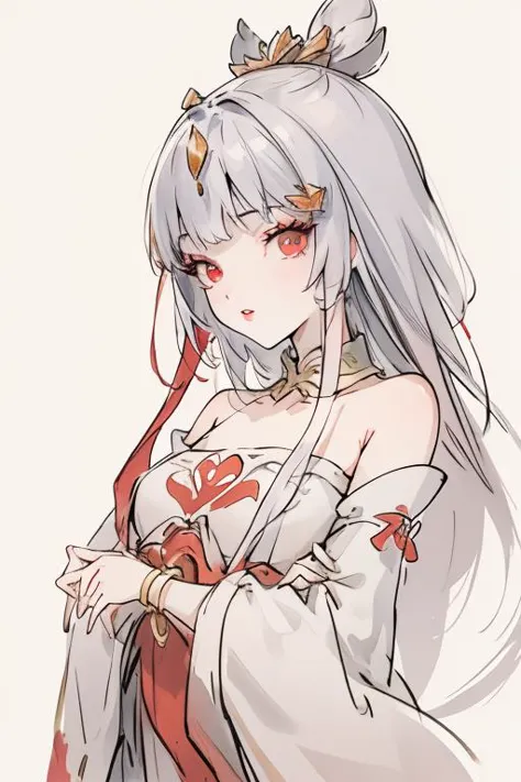 <lora:Taiyinyutu:1>taiyinyutu, 1girl, solo, red eyes, long hair, white background, simple background, bangs, white hair, gold neckwear, detached sleeves, clothes patterns, clothes gold decoration, red ribbon, hair ornament, red lips, blunt bangs, upper body, makeup, bare shoulders, lips, parted lips
<lora:Freehand_Brushwork:0.4>,<lora:animeLineartMangaLike_v20Offset:0.2>,lineart,
(portrait:1.5),dynamic_angle,front view,kittew,cuteg,flat chest,small_breasts,(looking_at_viewer:1.3),, best quality , masterpiece, illustration, an extremely delicate and beautiful, extremely detailed ,CG,unity,8k wallpaper, Amazing, finely detail, masterpiece, best quality,official art,extremely detailed CG unity 8k wallpaper,absurdres, incredibly absurdres, huge filesize , ultra-detailed, highres, extremely detailed,beautiful detailed girl, extremely detailed eyes and face, beautiful detailed eyes,light on face,