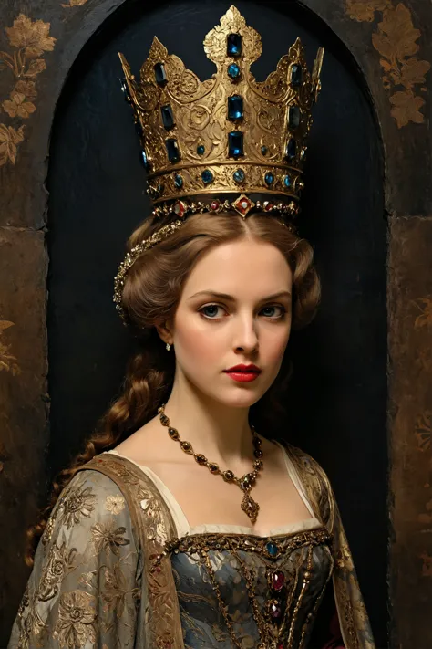 (by Alex Schomburg:1.4), Guinevere early-medieval queen of Great Britain, Collage style, Mixed media, layered, textural, detailed, artistic (moody lighting:1.2), baroque, (ultra detailed, masterpiece, best quality, intricate details:1.2) 