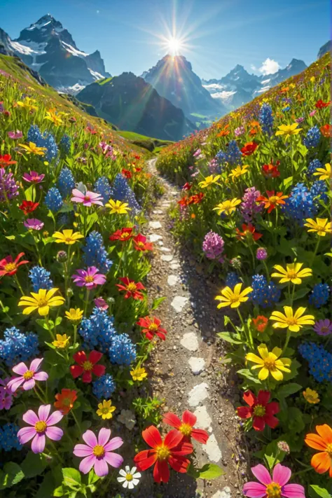 a field of flowers with a path leading to the mountains