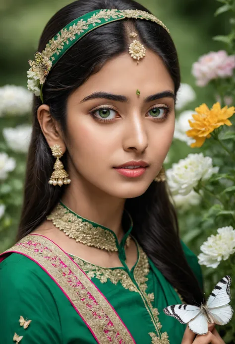 Photo of an Eye contact with a 20-year-old female pakistanese woman holding a butterfly in a flower garden, beautiful face, high...