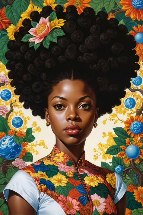 a painting of a woman with a large afro and flowers