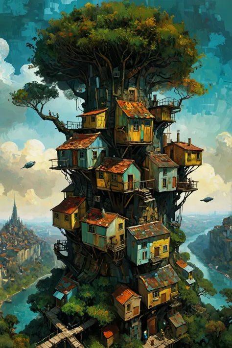 by Constantin Joffe, Build an amazing, best quality masterpiece, Vincent van Gogh, tree-top village, (spacepunk, collage art:1.2...