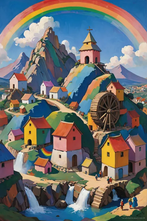 a painting of a rainbow over a village with a rainbow in the sky