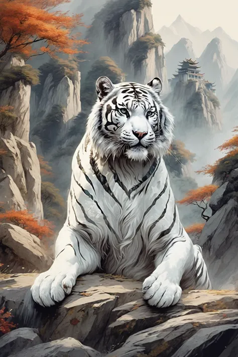 painting of a white tiger sitting on a rock in a mountain landscape