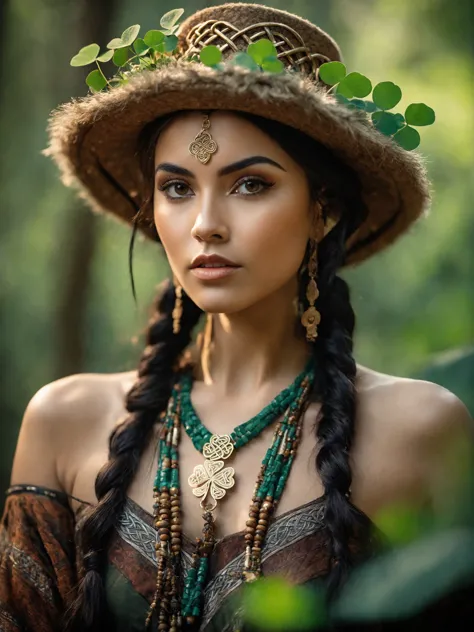 Nikon D850,85mm f/1.4 lens,shallow depth of field,natural light,A portrait of a wild woman painted with a clover face,intense gaze,flowing dark hair,high cheekbones,strong jawline,standing in a forest,earthy tones,warm sunlight filtering through the trees,bokeh effect,(8k, RAW photo, best quality, masterpiece:1.2),(realistic, photo-realistic:1.2),(Wearing a Celtic hat decorated with clover:1.3),best quality,ultra high res,sharp focus,photography,vivid colors,tribal,exotic,fierce expression,confident stance,Face painting with clover pattern,(clover-style pendant:1.2),natural beauty,1girl,(Bust photo:1.2),A woman with a micro-lateral body,beautiful detailed eyes,strong presence,atmospheric,immersive experience,forest backdrop,serene yet wild appearance,detailed texture of face paint,subtle reflections in eyes,high resolution,high contrast,shadow play,detailed hair strands,natural makeup,cultural representation,authenticity,