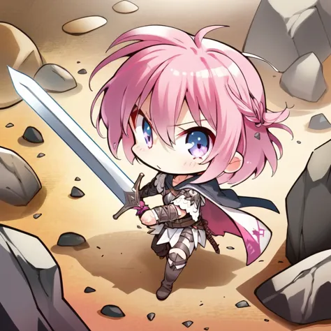 anime girl with pink hair and sword in desert area