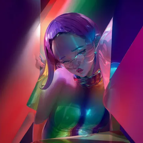 full body, 4k, masterpiece, 1girl hide head inside big glass [<lora:glasssculpture_v8:0.4> glasssculpture , translucent, transparent, reflection] shelter,beautiful [hands : fingers : legs], <lora:metal2-000004:0.8> liquid metal girl, slime girl, rainbow hair, purple eyes, cropped jacket, shirt, pants, human, underboob breasts, <lora:GoodHands-beta2:0.8> , <lora:choomoranma-04:0.8> choomoranma style,  <lora:microsoft style 0623:0.8> microsoft style, mosha, Frosted Glass , <lora:spotlight:1> purple spotlight ,dark theme, bloom, ray tracing