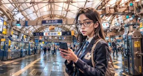 arafed woman in a train station looking at her cell phone