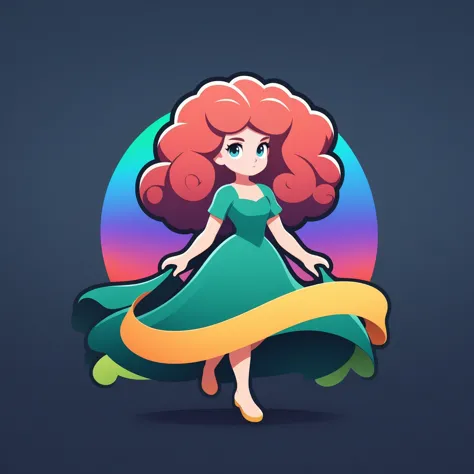 ribbon logo, 1girl, solo, (merida:1.1), from disney's brave, emerald and gold, curly red hair, afro, long green dress, blue eyes...