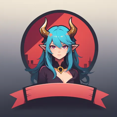 a cartoon image of a woman with horns and a banner