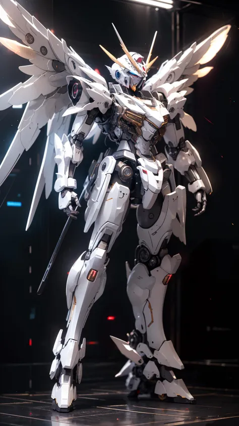 BJ_Gundam,solo,wings,standing,no_humans,glowing,robot,mecha,clenched_hands,science_fiction,looking_ahead,
cinematic lighting,strong contrast,high level of detail,Best quality,masterpiece,White background,<lora:Gundam_Mecha_v3.5(4440):0.7>,