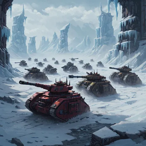 a painting of a group of tanks in a snowy area