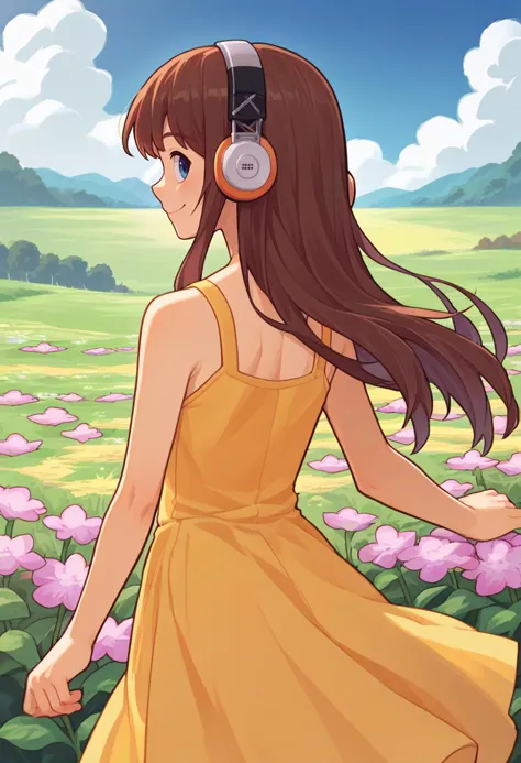 a woman in a yellow dress is walking through a field of flowers