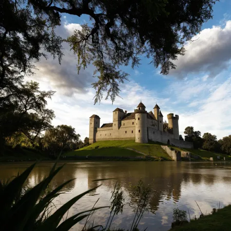 A medieval castle on a hill surrounded by a moat <lora:RealisticPhotography:1>, (good composition), (in frame), centered, 8k, 4k, detailed, attractive, beautiful, impressive, photorealistic, realistic, cinematic composition, volumetric lighting, high-resolution, vivid, detailed, stunning, professional, lifelike, crisp, flawless, DSLR, 4k, 8k, 16k, 1024, 2048, 4096, detailed, sharp, best quality, high quality, highres, absurdres