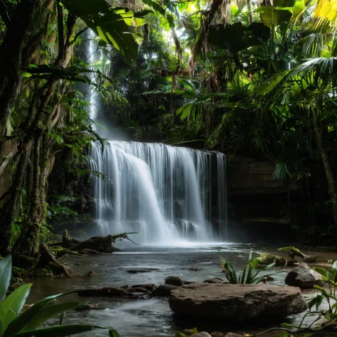 ((Cinematic photograph of a waterfall in a tropical forest, lush, green, realistic)) <lora:RealisticPhotography:1>, (good compos...