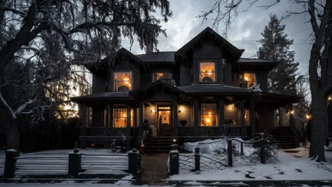 arafed house with a porch and a porch covered in snow