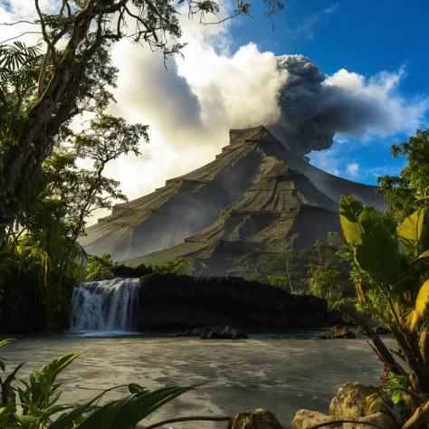 A tropical island with a volcano and a waterfall <lora:RealisticPhotography:1>, (good composition), (in frame), centered, 8k, 4k...