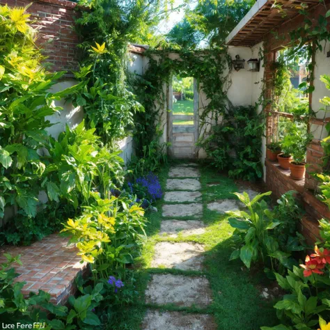 a view of a garden with a brick walkway and a door