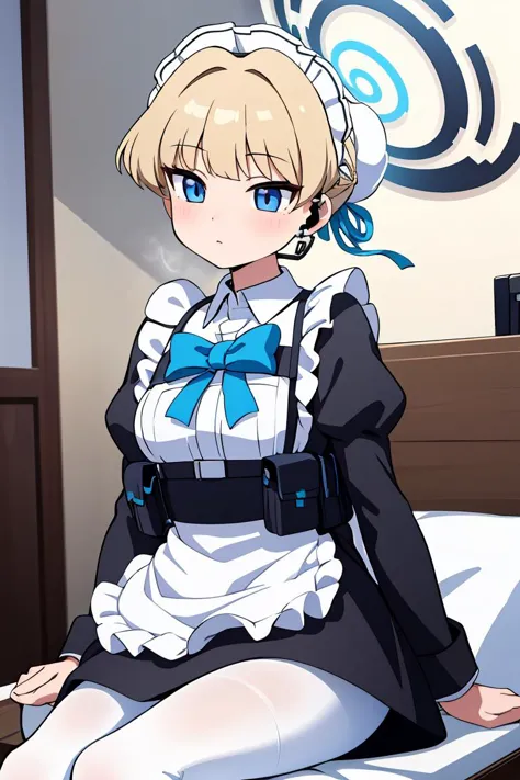 anime character sitting on a bed with a blue bow