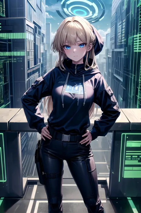 a woman in a black jacket and black pants standing in front of a futuristic city