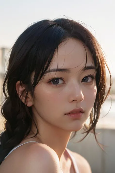 a woman with long hair and a white top posing for a picture