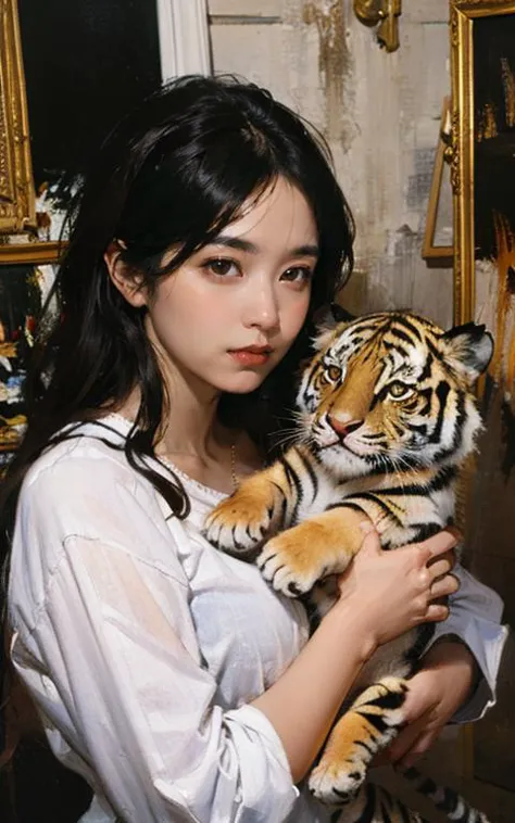 (oil painting:1.2), a woman hold a baby tiger, white shirt, (Atey Ghailan:0.2), (stanley artgerm lau:0.2), (a detailed painting:1.5), (gothic art:0.15),