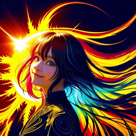 Beautiful smiling woman, fractal hair, colorful ink contour silhouette, (eye contact:1.3), (intense stare:1.1), realistic, sun r...