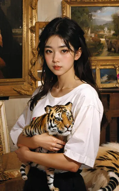 (pintura a óleo:1.2), uma mulher segura um bebê tigre, camisa branca, (Atey Ghailan:0.2), (Stanley Artgerm Lau:0.2), (uma pintura detalhada:0.2), (arte gótica:0.15),