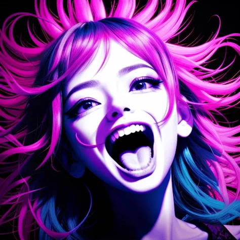 Beautiful woman, fractal hair, maniacally laughing with mouth open wide, colorful ink contour silhouette, (eye contact:1.3), (in...