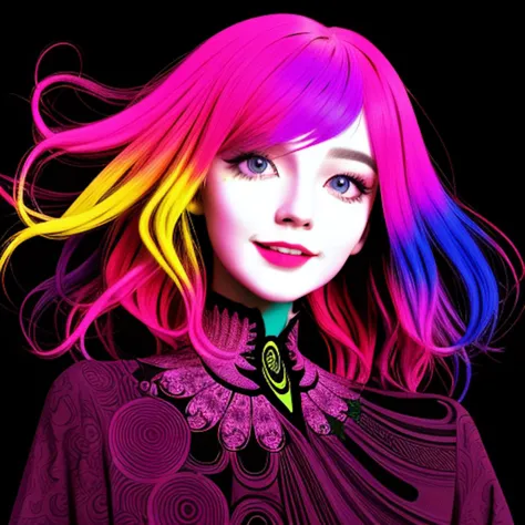 Laughing beautiful woman, fractal hair, colorful ink contour silhouette, (eye contact:1.3), (intense stare:1.1), realistic, high...