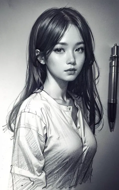 white shirt, (pencilsketch:1.3), (monochrome:1.2), 1girl, solo,