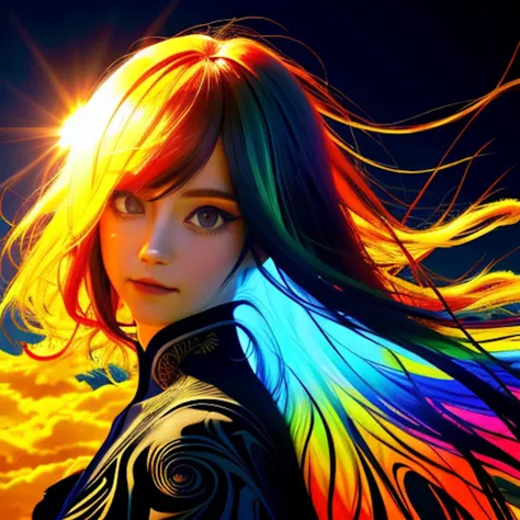 Beautiful woman, fractal hair, colorful ink contour silhouette, (eye contact:1.3), (intense stare:1.1), realistic, sun rays, hig...