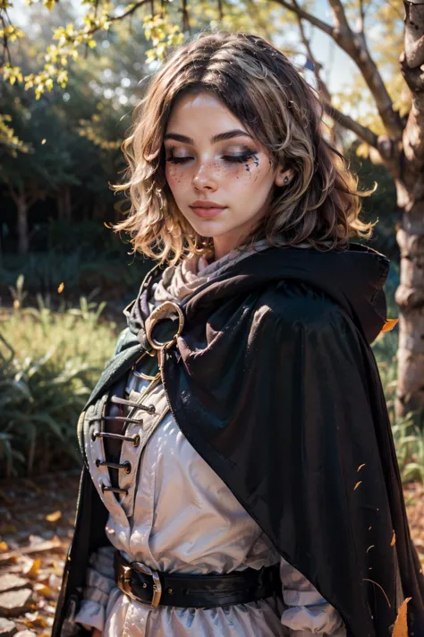 a woman in a black cape and dress standing in a forest