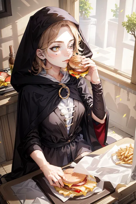 (masterpiece, best quality),  intricate details,
1girl,  <lora:Melina:0.8> Melina, cloak, hooded cloak,  hood up,  
 <lora:borger-nvwls-v4:0.8> two-handed burger, mcondalds, sitting at table, burger, fries, food on tray, 
 <lora:add_detail:0.5>