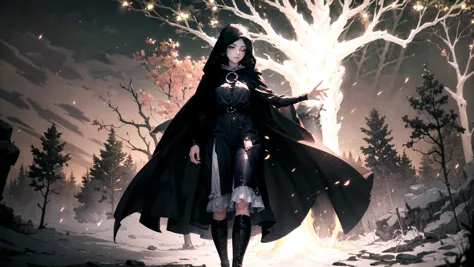 a woman in a black cloak standing in front of a tree