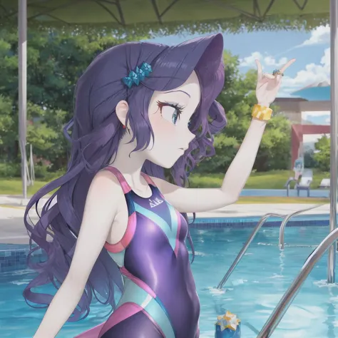 anime girl in a purple swimsuit standing next to a pool