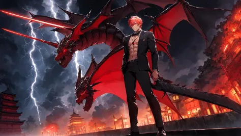 (Anime male: in suit:sword), built, buff(sexy),(abs), drawn:pier:background, (Dark:Red:black:vibrant:lightning:background, Giant:dragon:made from same lightning:in background:1.2), japan, menacing