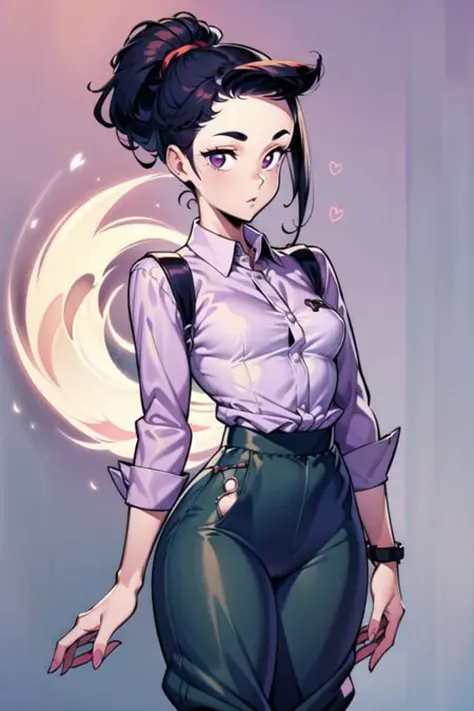 girl, (girlfriend:1.4), Dusk,Bedroom Background,Fat,Tiny Breasts,Over the shoulder,Medium Hair,Chignon,(lilac Collared Shirt,gray Harem Pants:1.3),Overwatch,Dog Collar ,(masterpiece,detailed,highres:1.4) 