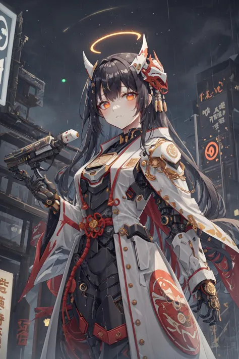 highres, highest quallity, 1girl, (adult:1.2), solo, solo_focus, straight hair, black_hair, orange_eyes, long_hair, mechanical parts, japan_theme, dark aura, glowing_eyes, night, ancient japanese architecture, (starry sky:1.2),skyline, (neon:1.2), cyberpunk, effects, headgear, rain, mechanical halo, looking at viewer, dron, white_cape, white_coat, laurel crown, oni_mask,