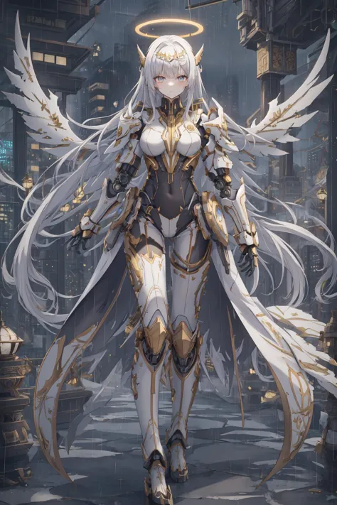 a woman with white hair and wings walking in the rain