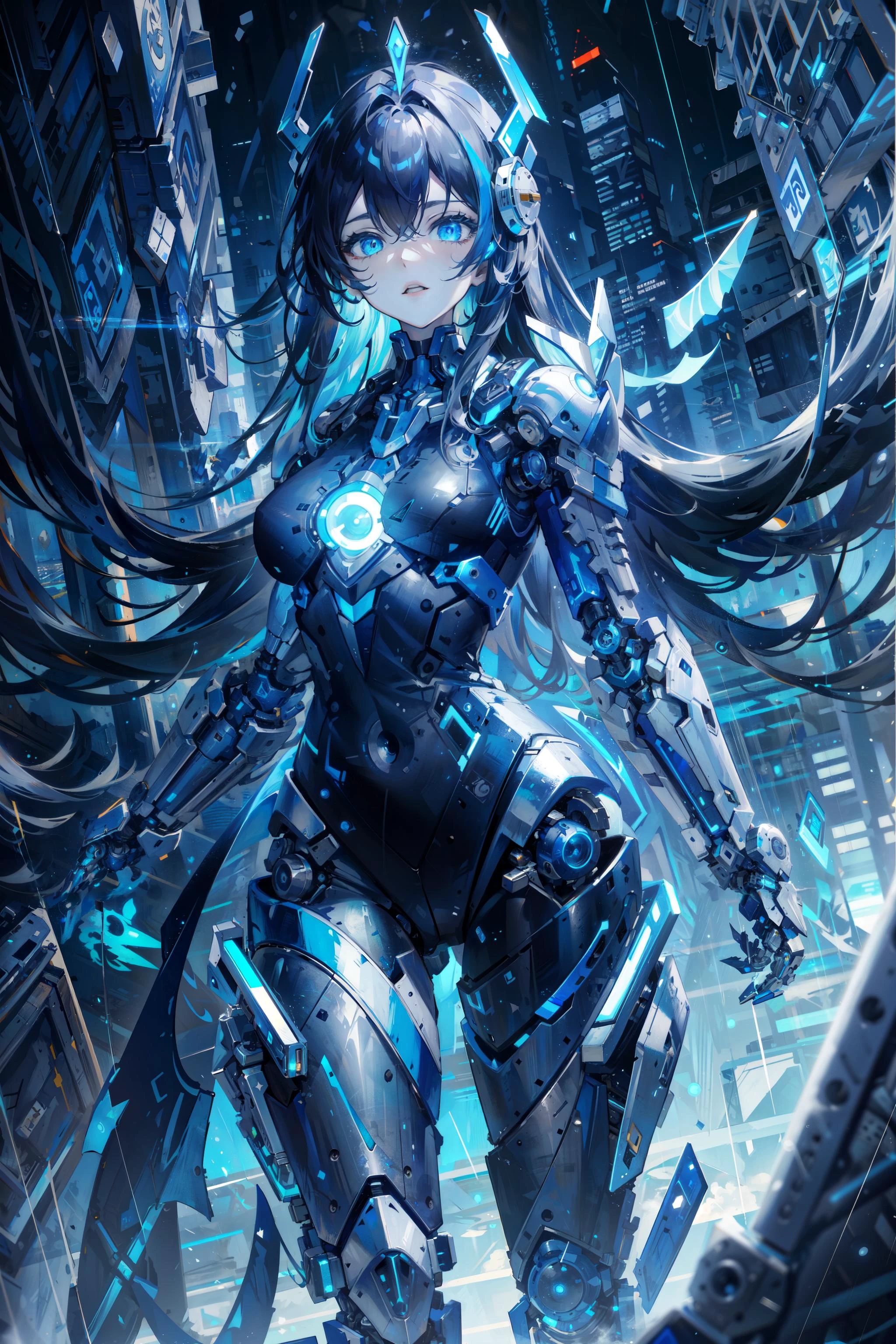 masterpiece,best quality,ultra-detailed,very detailed illustrations,extremely detailed,intricate details,highres,super complex details,extremely detailed 8k cg wallpaper, caustics,reflection,ray tracing, 1girl:1.4), solo, alone, (blue_theme:1.3), (grey_theme:1.3), (mecha musume, mechanical parts ,robot joints, mechanical arm, mechanical legs, headgear, intricate mechanical bodysuit, mechanical energy wings), (robes), very long hair, black hair, blue eyes, glowing eye, eye trail, random expressions, random action, tokyo, city, alley, dark alley, night time, raining, neon lights, detailed background, ((masterpiece)), absurdres, HDR,  (Classic headshot pose), extremely detailed 8K wallpaper,cyberpunk city,masterpiece,highres,detailed manga illustration,
