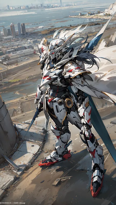 <lora:AMechaSSS[color_theme,mecha musume, mechanical parts,robot joints,headgear]:0.8>,science fiction mecha knight,dye theme,(Medieval Armor:0.8),floating capelet,daylight,full armor,full body,outdoors,far shot,ruins,from above,vanishing point,