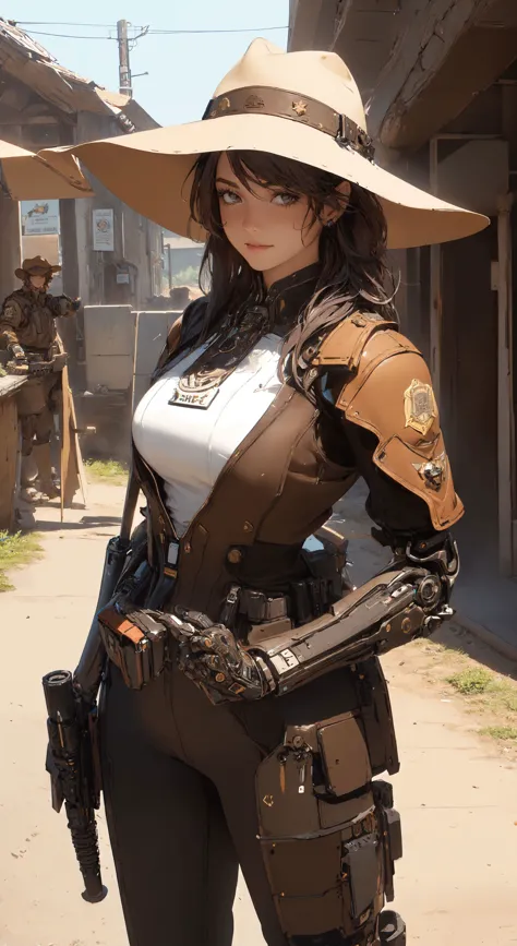 (1girl:1.3), l, (Sheriff's Attire:1.2), Brown bodysuit, peel armor, batch, hat, hand gun, (best quality:1.4), (masterpiece:1.21), (realistic:1.21), (corpse of a scoundrel:1.2), (detailed:1.10), (photorealistic:1), <lora:Robotaction:.5>, masterpiece, best quality, (ultra-detailed:1.2), backlighting, robot hose, western, bar, old countryside,robot