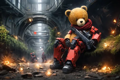 a close up of a teddy bear with a gun in a building