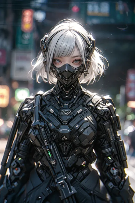 gothpunk, robot, 1girl, solo, walking in Harajuku, (bokeh, neon light:1.2), white eyebrows, glowing hair, (iridescent white hair), earrings, bangs, jewellery, mask, blunt bangs, (iridescent eyes, glowing eyes, green eyes, mouth mask), blurry background, blurry, hair ornament, (looking at the viewer), short hair, portrait, sidelocks, <lora:Gothpunk:1>, <lora:robotbattle:1>, <lora:add_detail:0.4>