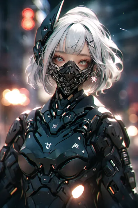 a close up of a person wearing a futuristic suit and a mask