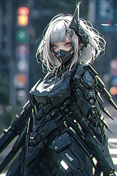 anime girl with futuristic armor and a sword in the street