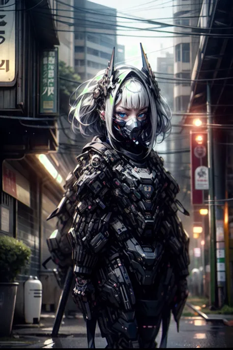 [gothpunk|robot], roblit, 1girl, solo, walking in Harajuku, white eyebrows, glowing hair, (iridescent white hair), earrings, bangs, jewellery, mask, blunt bangs, (iridescent eyes, glowing eyes, green eyes, mouth mask), hair ornament, looking at the viewer, short hair, portrait, sidelocks, <lora:Gothpunk:1>, <lora:Mecharobot:0.8> detailed background, in street
BREAK
outdoors, twilight, raytracing <lora:add_detail:1>