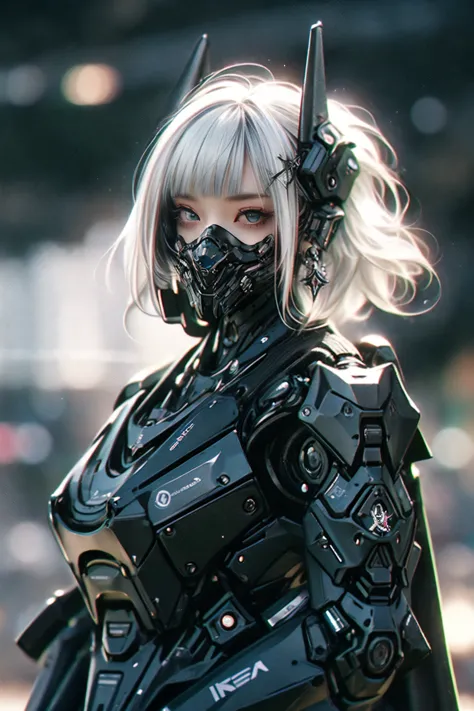 gothpunk, robot, 1girl, solo, walking in Harajuku, (bokeh, neon light:1.2), white eyebrows, glowing hair, (iridescent white hair), earrings, bangs, jewellery, mask, blunt bangs, (iridescent eyes, glowing eyes, green eyes, mouth mask), blurry background, blurry, hair ornament, (looking at the viewer), short hair, portrait, sidelocks, <lora:Gothpunk:1>, <lora:robotbattle:1>, <lora:add_detail:0.4>